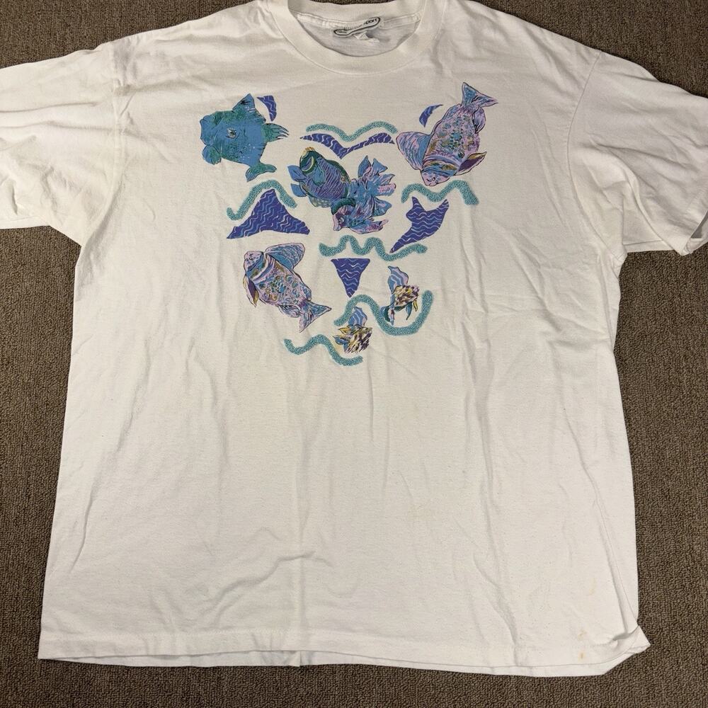 Vintage 90s Fish T-shirt Nature Ocean Wave Abstract Purple White XL 25.5x30.